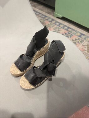 Eileen Fisher Black Leather Espadrille Wedge Sandals